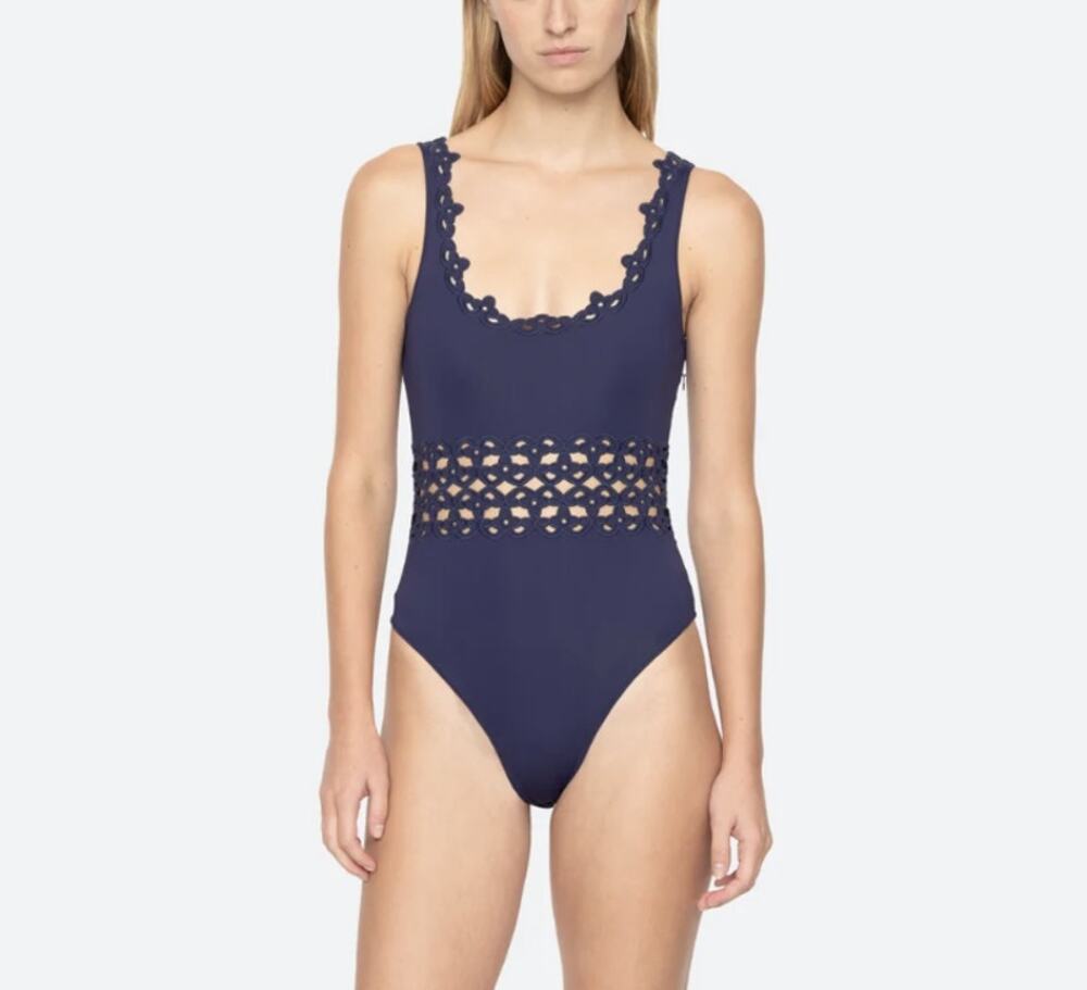 Sea New York Leila Eyelet One Piece Swimsuit Navy Blue Size Large NWT MSRP $325
